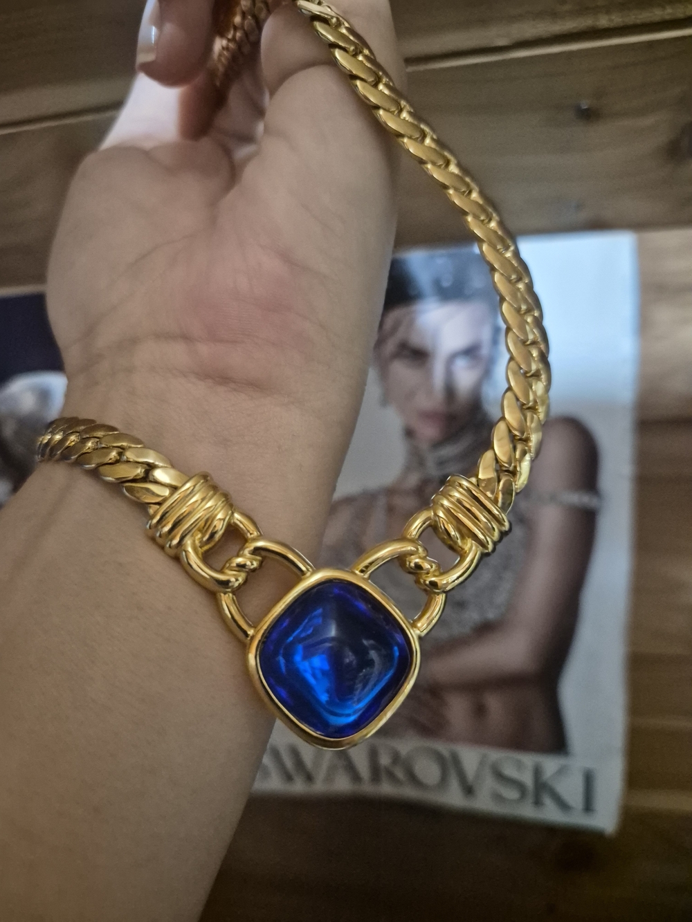 Trifari Gold-Tone Necklace with Deep Blue Cushion Center